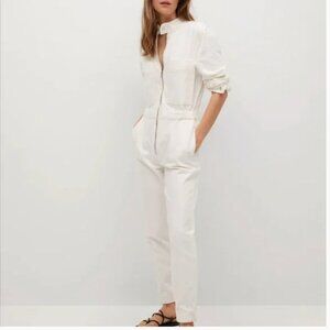 MANGO MNG Denim Off White Zip Front Utility Jumpsuit with Front Pockets NWT